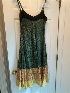 Vintage green and mustard yellow hand printed Spaghetti-Strap  dress.